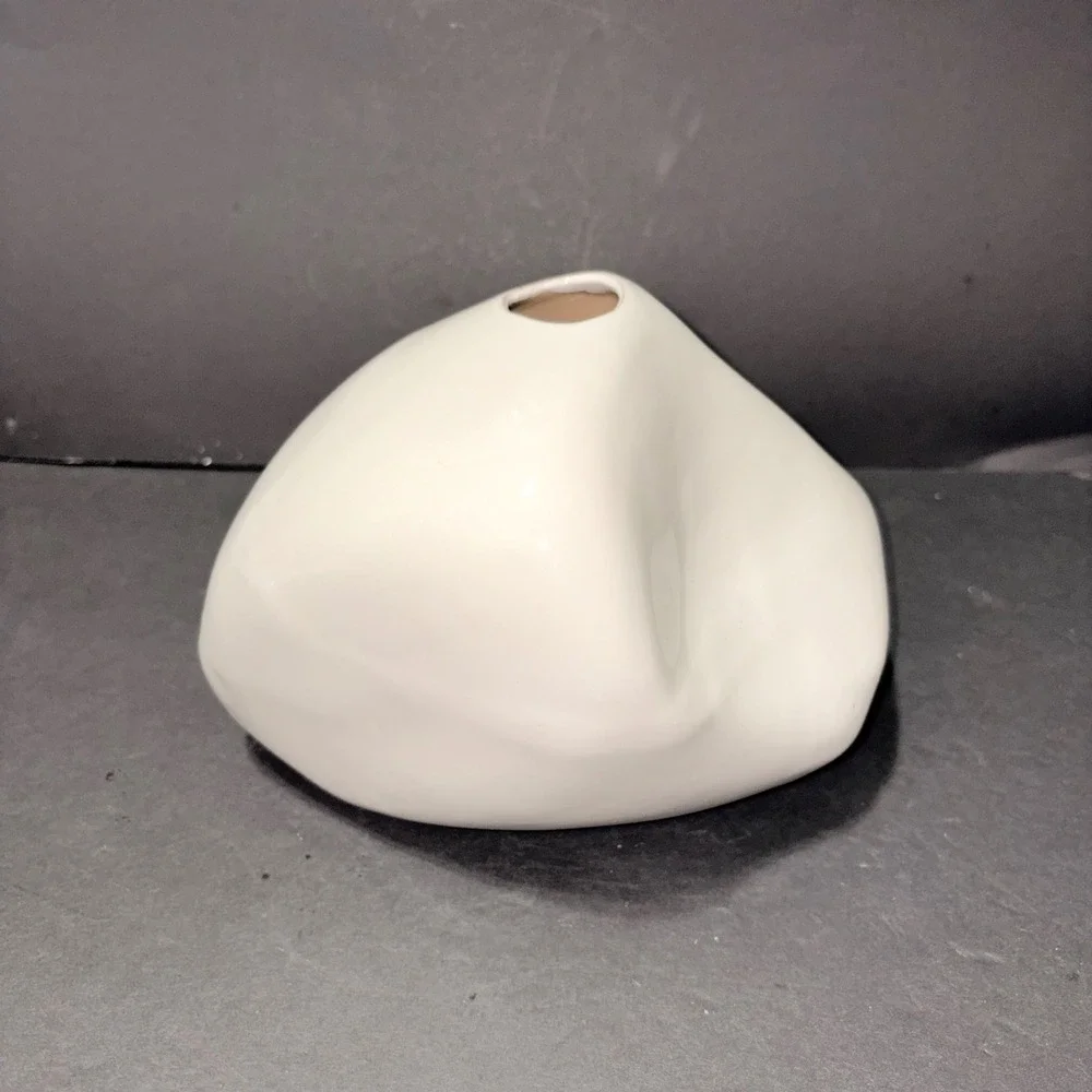 Modernist White Ceramic Asymmetrical Organic Pebble Bud Vase Sculptural Decor